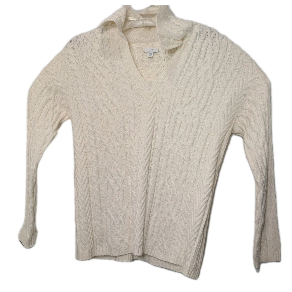 J Jill Cream Cable Knit V-Neck Sweater Women's Cozy Pullover Size M Petite